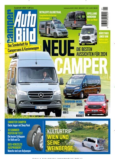 Titelbild der Ausgabe 1/2024 von Auto Bild camper. Diese Zeitschrift und viele weitere Automagazine und Motorradzeitschriften als Abo oder epaper bei United Kiosk online kaufen.