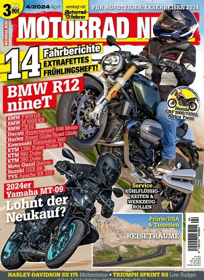 Titelbild der Ausgabe 4/2024 von Motorrad News. Diese Zeitschrift und viele weitere Automagazine und Motorradzeitschriften als Abo oder epaper bei United Kiosk online kaufen.