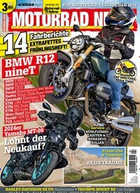 Titelbild der Ausgabe 4/2024 von Motorrad News. Diese Zeitschrift und viele weitere Automagazine und Motorradzeitschriften als Abo oder epaper bei United Kiosk online kaufen.