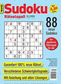 Titelbild der Ausgabe 5/2024 von Sudoku Rätselspaß. Diese Zeitschrift und viele weitere Groschenromane und Rätselhefte als Abo oder epaper bei United Kiosk online kaufen.