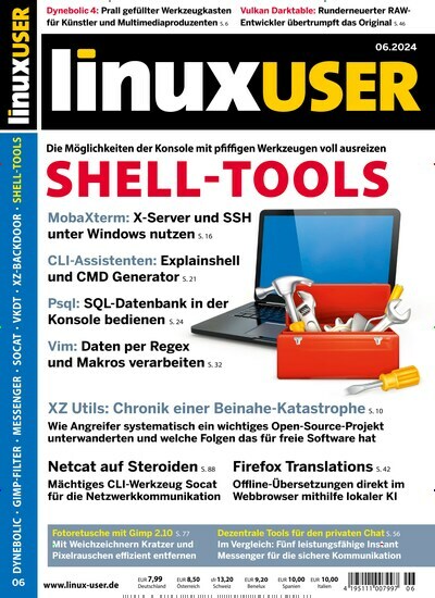 Titelbild der Ausgabe 6/2024 von LinuxUser. Diese Zeitschrift und viele weitere Computerzeitschriften, Tabletmagazine und Smartphonemagazine als Abo oder epaper bei United Kiosk online kaufen.