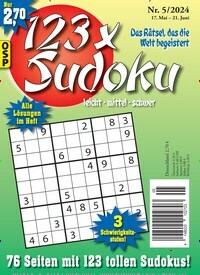 Titelbild der Ausgabe 5/2024 von 123 x Sudoku. Diese Zeitschrift und viele weitere Groschenromane und Rätselhefte als Abo oder epaper bei United Kiosk online kaufen.