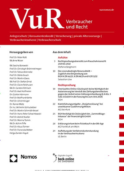 Titelbild von VuR - Verbraucher und Recht. Diese Zeitschrift und viele weitere Jurazeitschriften und Zeitschriften für Verwaltung als Abo oder epaper bei United Kiosk online kaufen.