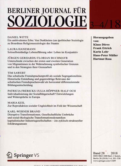 Berliner Journal für Soziologie aktuelles Titelbild Ausgabe 2702/2017 Aktuelles Titelbild von Berliner Journal für Soziologie. In der Ausgabe 2702/2017 geht es um die Themen: (Selbst)Optimierung. Eine soziologische Bestandsaufnahme - Eine Frage des Marktes? Regionale Unterschiede von Heimentgelten stationärer Pflegeeinrichtungen - Prekarität in der chinesischen Hochwachstumsgesellschaft: Eine Fallstudie zur Situation von Wanderarbeitern im Perlflussdelta - Organizing als Strategie zur Stärkung gewerkschaftlicher Organisationsmacht. Eine Untersuchung der ver.di-Kampagne bei Amazon - „Public Sociology“ – Burawoy-Hype und linkes Projekt - Verdient – Unverdient. Der öffentliche Diskurs um die Erbschaftssteuer in Deutschland und Österreich - Nachruf auf Neil J. Smelser (1930–2017) - Eine bemerkenswerte Übereinstimmung: Max Weber und Theodor W. Adorno zu gesellschaftlicher vs. ästhetischer Rationalität - Editorial. Lesen Sie gerne Wissenschaftsmagazine? Dann empfehlen wir Ihnen Berliner Journal für Soziologie als Abo oder Geschenkabo.