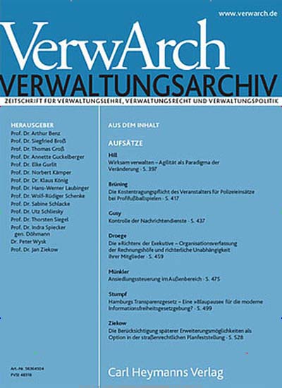 Verwaltungsarchiv Titelbild der aktuellen Ausgabe Aktuelles Titelbild von Verwaltungsarchiv. Entdecken Sie jetzt die aktuelle Ausgabe. Lesen Sie gerne Jurazeitschriften und Zeitschriften für Verwaltung? Dann empfehlen wir Ihnen Verwaltungsarchiv als Abo oder Geschenkabo.