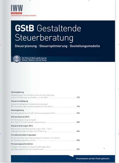 GStB Gestaltende Steuerberatung Titelbild der aktuellen Ausgabe Aktuelles Titelbild von GStB Gestaltende Steuerberatung. Entdecken Sie jetzt die aktuelle Ausgabe. Lesen Sie gerne Businessmagazine? Dann empfehlen wir Ihnen GStB Gestaltende Steuerberatung als Abo oder Geschenkabo.