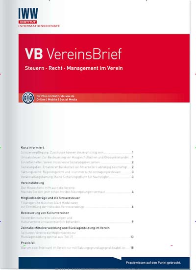 VB VereinsBrief Titelbild der aktuellen Ausgabe Aktuelles Titelbild von VB VereinsBrief. Entdecken Sie jetzt die aktuelle Ausgabe. Lesen Sie gerne Jurazeitschriften und Zeitschriften für Verwaltung? Dann empfehlen wir Ihnen VB VereinsBrief als Abo oder Geschenkabo.