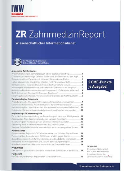 ZR ZahnmedizinReport Titelbild der aktuellen Ausgabe Aktuelles Titelbild von ZR ZahnmedizinReport. Entdecken Sie jetzt die aktuelle Ausgabe. Lesen Sie gerne Pflegezeitschriften und medizinische Fachzeitschriften? Dann empfehlen wir Ihnen ZR ZahnmedizinReport als Abo oder Geschenkabo.