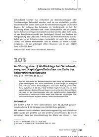 Titelbild der Ausgabe 10/2019 von 103: ESt: Auflösung einer § 6b-Rücklage bei Verschmelzung von Kapitalgesellschaften am Ende des Reinvestitionszeitraums. Zeitschriften als Abo oder epaper bei United Kiosk online kaufen.