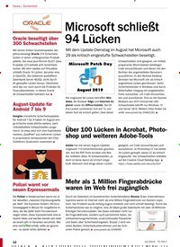 Titelbild der Ausgabe 10/2019 von Sicherheit: Microsoft schließt 94 Lücken. Zeitschriften als Abo oder epaper bei United Kiosk online kaufen.