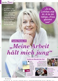 Titelbild der Ausgabe 2/2021 von Zeit für Stars: Saskia Vester, 61: „Meine Arbeit hält mich jung“. Zeitschriften als Abo oder epaper bei United Kiosk online kaufen.