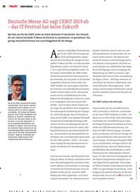 Titelbild der Ausgabe 49/2018 von Deutsche Messe AG sagt CEBIT 2019 ab – das IT-Festival hat keine Zukunft. Zeitschriften als Abo oder epaper bei United Kiosk online kaufen.