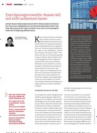 Titelbild der Ausgabe 20/2019 von Trotz Spionagevorwürfen: Huawei will sich nicht ausbremsen lassen. Zeitschriften als Abo oder epaper bei United Kiosk online kaufen.