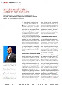 Titelbild der Ausgabe 18/2022 von IBM-Chef Arvind Krishna: KI braucht noch zehn Jahre. Zeitschriften als Abo oder epaper bei United Kiosk online kaufen.