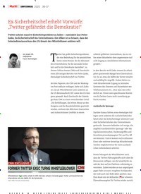 Titelbild der Ausgabe 36/2022 von Ex-Sicherheitschef erhebt Vorwürfe: „Twitter gefährdet die Demokratie!“. Zeitschriften als Abo oder epaper bei United Kiosk online kaufen.
