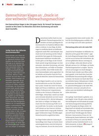 Titelbild der Ausgabe 36/2022 von Datenschützer klagen an: „Oracle ist eine weltweite Überwachungsmaschine“. Zeitschriften als Abo oder epaper bei United Kiosk online kaufen.
