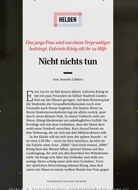 Titelbild der Ausgabe 6/2019 von HELDEN: Eine junge Frau wird von einem Vergewaltiger bedrängt. Gabriela König eilt ihr zu Hilfe: Nicht nichts tun. Zeitschriften als Abo oder epaper bei United Kiosk online kaufen.