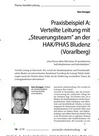 Titelbild der Ausgabe 2/2019 von Verteilte Leitung: Praxisbeispiel A: Verteilte Leitung mit „Steuerungsteam“ an der HAK/PHAS Bludenz (Vorarlberg). Zeitschriften als Abo oder epaper bei United Kiosk online kaufen.