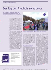Titelbild der Ausgabe 9/2019 von Bund deutscher Friedhofsgärtner: MITMACHAKTIONEN FÜR ALLE ALTERSGRUPPEN: Der Tag des Friedhofs steht bevor. Zeitschriften als Abo oder epaper bei United Kiosk online kaufen.