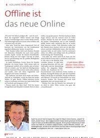 Titelbild der Ausgabe 6/2019 von KOLUMNE FEYS SICHT:Offline ist das neue Online. Zeitschriften als Abo oder epaper bei United Kiosk online kaufen.