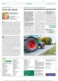 Titelbild der Ausgabe 39/2018 von Was denken Sie? Wie die Landwirtschaft die Regierungspläne einstuft: Entwurf zur Mautfreiheit im Agrarbereich. Zeitschriften als Abo oder epaper bei United Kiosk online kaufen.