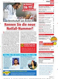 Titelbild der Ausgabe 28/2019 von Bereitschaft von Ärzten: Kennen Sie die neue Notfall-Nummer?. Zeitschriften als Abo oder epaper bei United Kiosk online kaufen.