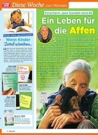 Titelbild der Ausgabe 13/2019 von Forscherin Jane Goodall wird 85: Ein Leben für die Affen. Zeitschriften als Abo oder epaper bei United Kiosk online kaufen.