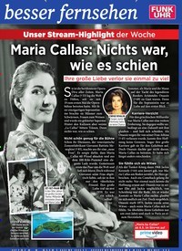 Titelbild der Ausgabe 18/2019 von Unser Stream-Highlight der Woche: Maria Callas: Nichts war, wie es schien. Zeitschriften als Abo oder epaper bei United Kiosk online kaufen.
