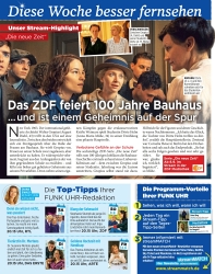 Titelbild der Ausgabe 36/2019 von Diese Woche besser fernsehen: Das ZDF feiert 100 Jahre Bauhaus … und ist einem Geheimnis auf der Spur. Zeitschriften als Abo oder epaper bei United Kiosk online kaufen.