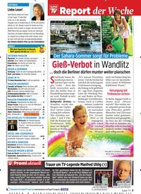 Titelbild der Ausgabe 32/2019 von Der Sahara-Sommer sorgt für Probleme: Gieß-Verbot in Wandlitz … doch die Berliner dürfen munter weiter planschen. Zeitschriften als Abo oder epaper bei United Kiosk online kaufen.
