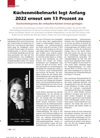 Titelbild der Ausgabe 11/2022 von Küchenmöbelmarkt legt Anfang 2022 erneut um 13 Prozent zu. Zeitschriften als Abo oder epaper bei United Kiosk online kaufen.