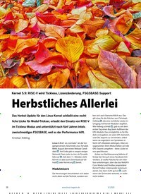 Titelbild der Ausgabe 12/2020 von Kernel 5.9: RISC-V wird Tickless, Lizenzänderung, FSGSBASE-Support: Herbstliches Allerlei. Zeitschriften als Abo oder epaper bei United Kiosk online kaufen.