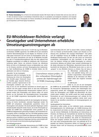 Titelbild der Ausgabe 46/2019 von Die Erste Seite: EU-Whistleblower-Richtlinie verlangt Gesetzgeber und Unternehmen erhebliche Umsetzungsanstrengungen ab. Zeitschriften als Abo oder epaper bei United Kiosk online kaufen.