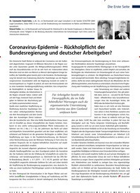 Titelbild der Ausgabe 7/2020 von Die Erste Seite: Coronavirus-Epidemie – Rückholpflicht der Bundesregierung und deutscher Arbeitgeber?. Zeitschriften als Abo oder epaper bei United Kiosk online kaufen.