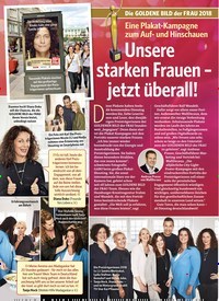 Titelbild der Ausgabe 21/2018 von Die GOLDENE BILD der FRAU 2018: Eine Plakat-Kampagne zum Auf- und Hinschauen: Unsere starken Frauen – jetzt überall!. Zeitschriften als Abo oder epaper bei United Kiosk online kaufen.