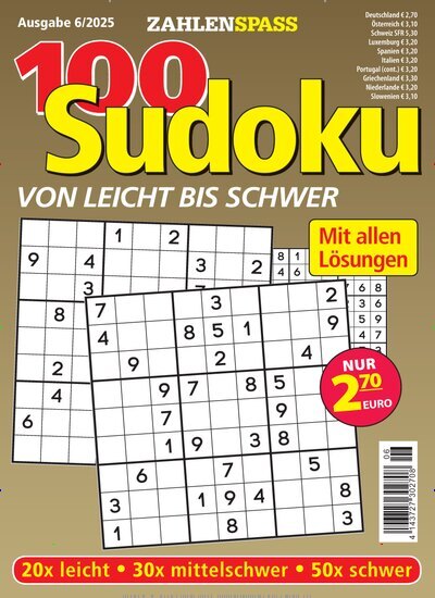 Titelbild der Ausgabe 6/2025 von 100 Sudoku von leicht bis schwer. Diese Zeitschrift und viele weitere Groschenromane und Rätselhefte als Abo oder epaper bei United Kiosk online kaufen.