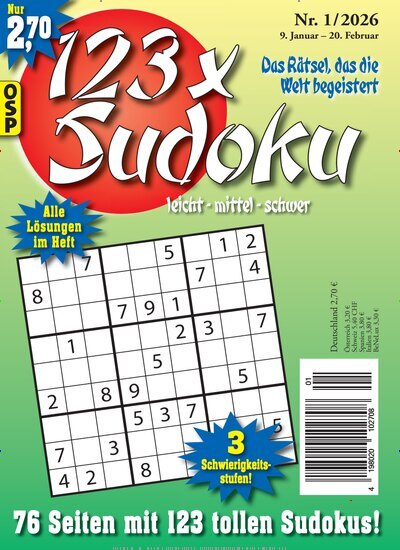 Titelbild der Ausgabe 1/2026 von 123 x Sudoku. Diese Zeitschrift und viele weitere Groschenromane und Rätselhefte als Abo oder epaper bei United Kiosk online kaufen.
