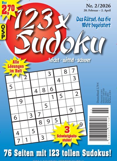 Titelbild der Ausgabe 2/2026 von 123 x Sudoku. Diese Zeitschrift und viele weitere Groschenromane und Rätselhefte als Abo oder epaper bei United Kiosk online kaufen.