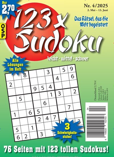 Titelbild der Ausgabe 4/2025 von 123 x Sudoku. Diese Zeitschrift und viele weitere Groschenromane und Rätselhefte als Abo oder epaper bei United Kiosk online kaufen.