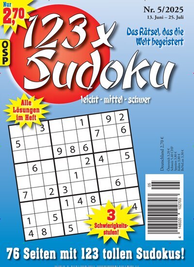 Titelbild der Ausgabe 5/2025 von 123 x Sudoku. Diese Zeitschrift und viele weitere Groschenromane und Rätselhefte als Abo oder epaper bei United Kiosk online kaufen.