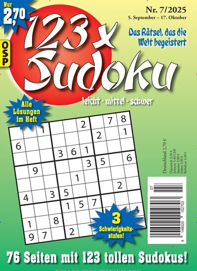 Titelbild der Ausgabe 7/2025 von 123 x Sudoku. Diese Zeitschrift und viele weitere Groschenromane und Rätselhefte als Abo oder epaper bei United Kiosk online kaufen.