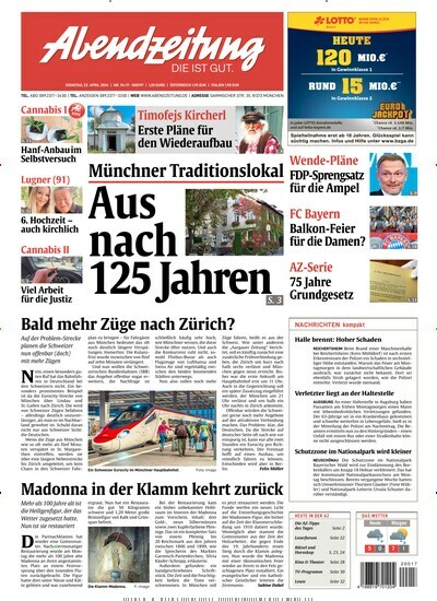 Titelbild der Ausgabe 94/2024 von Abendzeitung München. Diese Zeitschrift und viele weitere Zeitungsabos als Abo oder epaper bei United Kiosk online kaufen.