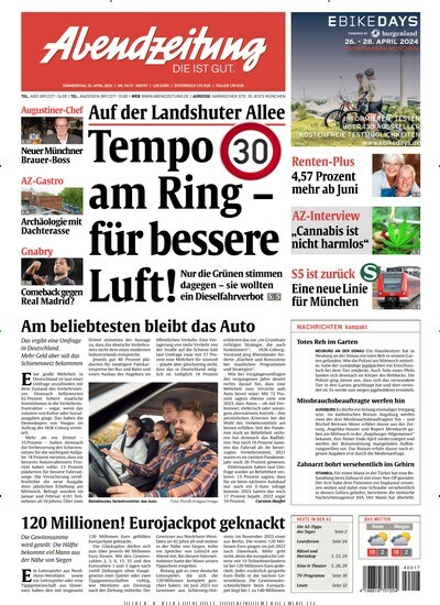 Titelbild der Ausgabe 96/2024 von Abendzeitung München. Diese Zeitschrift und viele weitere Zeitungsabos als Abo oder epaper bei United Kiosk online kaufen.