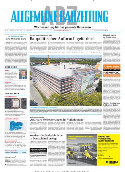 Titelbild der Ausgabe 21/2025 von ABZ - Allgemeine Bauzeitung. Diese Zeitschrift und viele weitere Architekturzeitschriften und Bauzeitschriften als Abo oder epaper bei United Kiosk online kaufen.