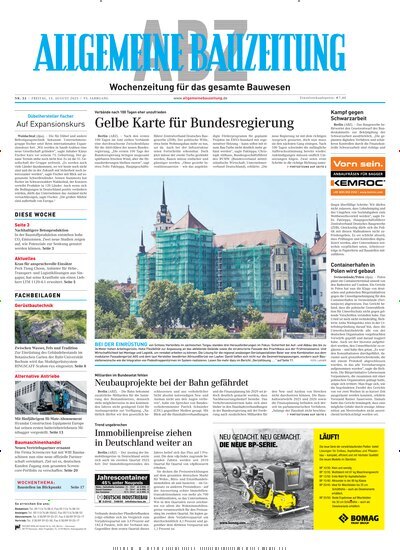 Titelbild der Ausgabe 33/2025 von ABZ - Allgemeine Bauzeitung. Diese Zeitschrift und viele weitere Architekturzeitschriften und Bauzeitschriften als Abo oder epaper bei United Kiosk online kaufen.