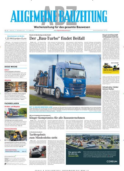 Titelbild der Ausgabe 42/2025 von ABZ - Allgemeine Bauzeitung. Diese Zeitschrift und viele weitere Architekturzeitschriften und Bauzeitschriften als Abo oder epaper bei United Kiosk online kaufen.