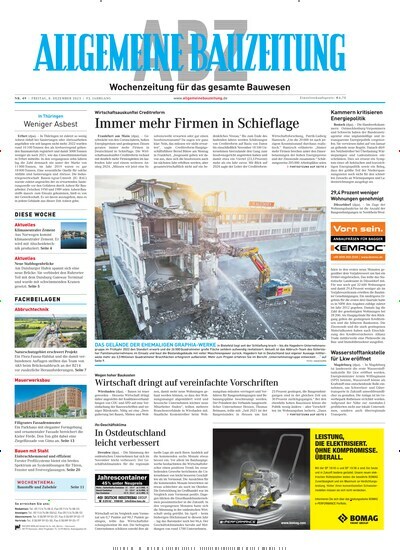 Titelbild der Ausgabe 49/2023 von ABZ - Allgemeine Bauzeitung. Diese Zeitschrift und viele weitere Architekturzeitschriften und Bauzeitschriften als Abo oder epaper bei United Kiosk online kaufen.