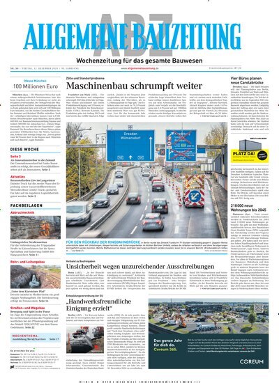 Titelbild der Ausgabe 50/2025 von ABZ - Allgemeine Bauzeitung. Diese Zeitschrift und viele weitere Architekturzeitschriften und Bauzeitschriften als Abo oder epaper bei United Kiosk online kaufen.