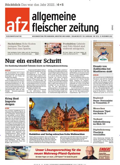 Titelbild der Ausgabe 52/2022 von afz allgemeine fleischer-zeitung. Diese Zeitschrift und viele weitere Gastronomiezeitschriften, Fashionmagazine, Beautymagazine als Abo oder epaper bei United Kiosk online kaufen.