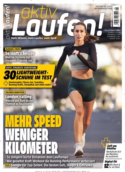 Titelbild der Ausgabe 5/2025 von aktiv Laufen. Diese Zeitschrift und viele weitere Sportmagazine als Abo oder epaper bei United Kiosk online kaufen.